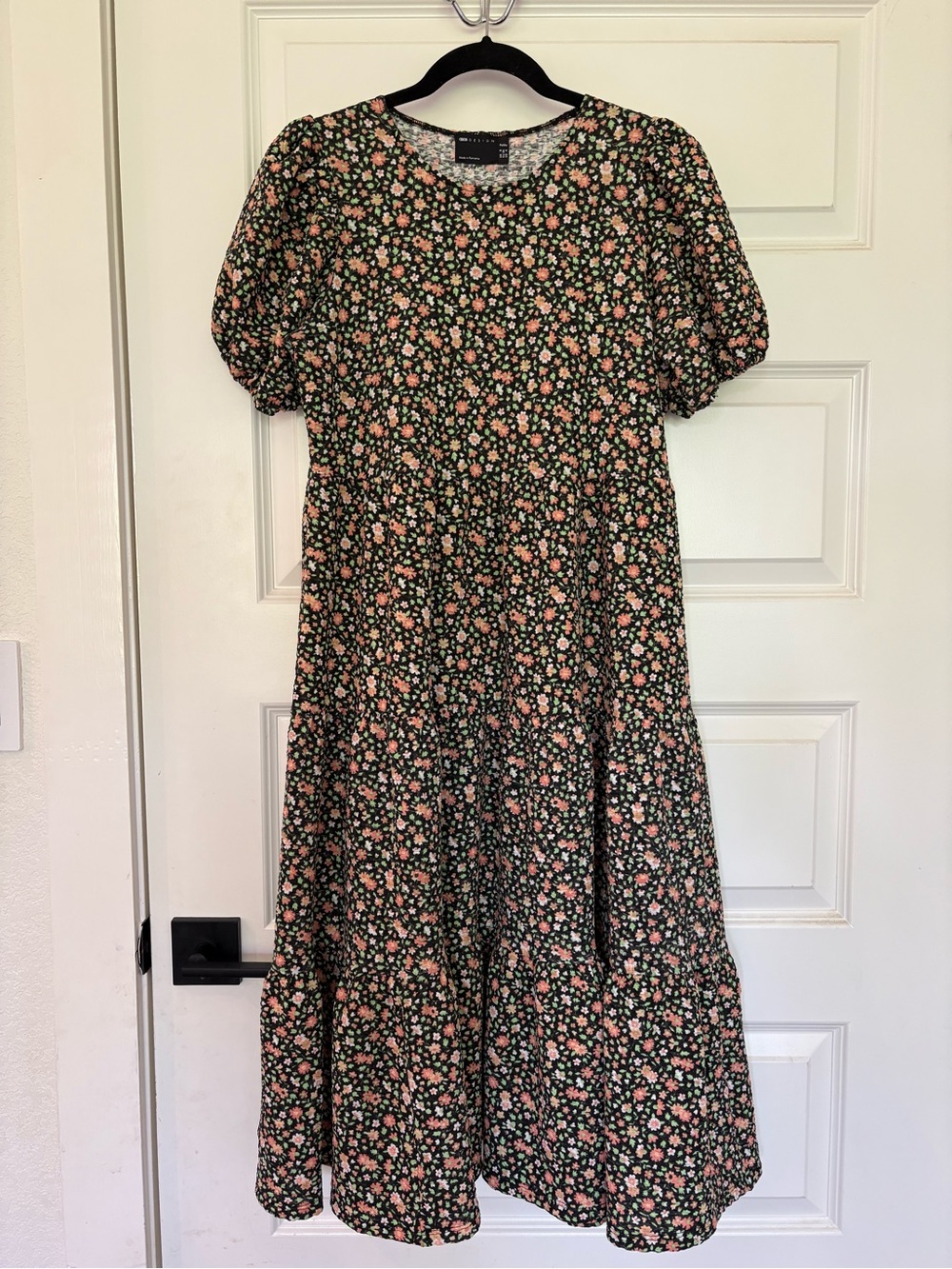 ASOS Black Midi Dress with Pink Floral Print